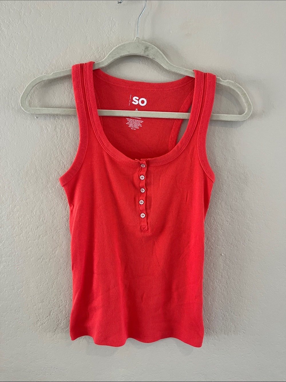SO Bright Red Ribbed Henley Tank Top